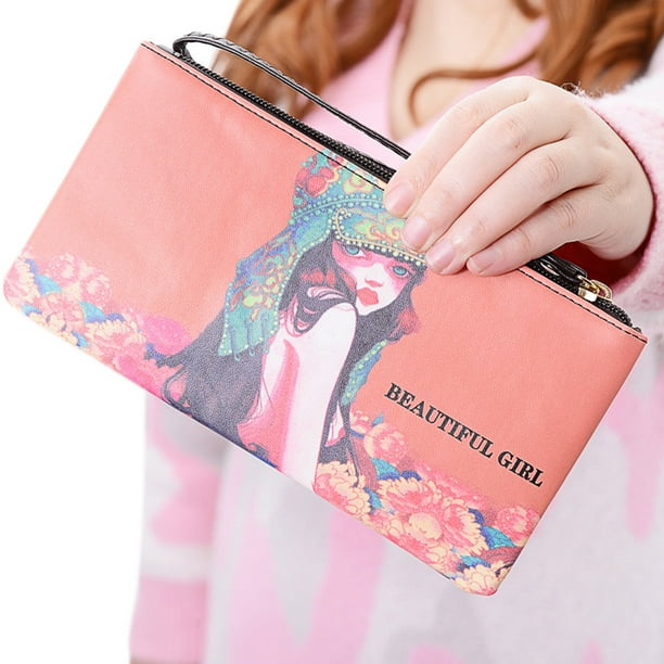 Girls RFID Leather Cute Puppy Cartoon Dog Wallet with Zipper Coins Pocket Purse Wristlets Pink for Women Kids